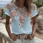 Women's Vintage Pink Rose Embroidery Art Round Neck Short Sleeve Linen Blend T-shirt - Image 6