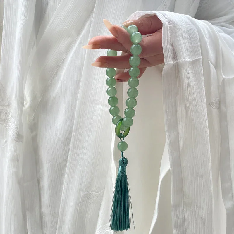 Green Jade Stone Tassel Bracelet Necklace with 12mm Beads: Tibetan Buddhist Mala Buddha Charm Rosary Yoga Men's and Women's Jewelry