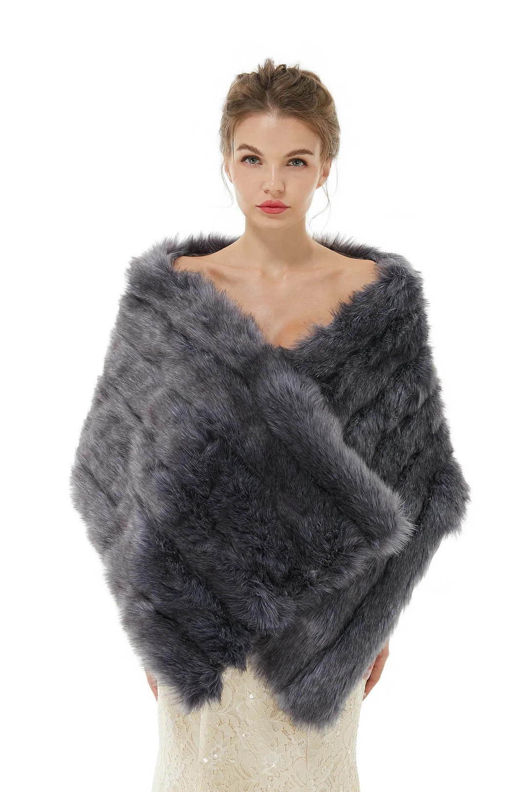 Luluslly Dark Grey Wedding Faux Fur Wrap Winter Shawl for Brides