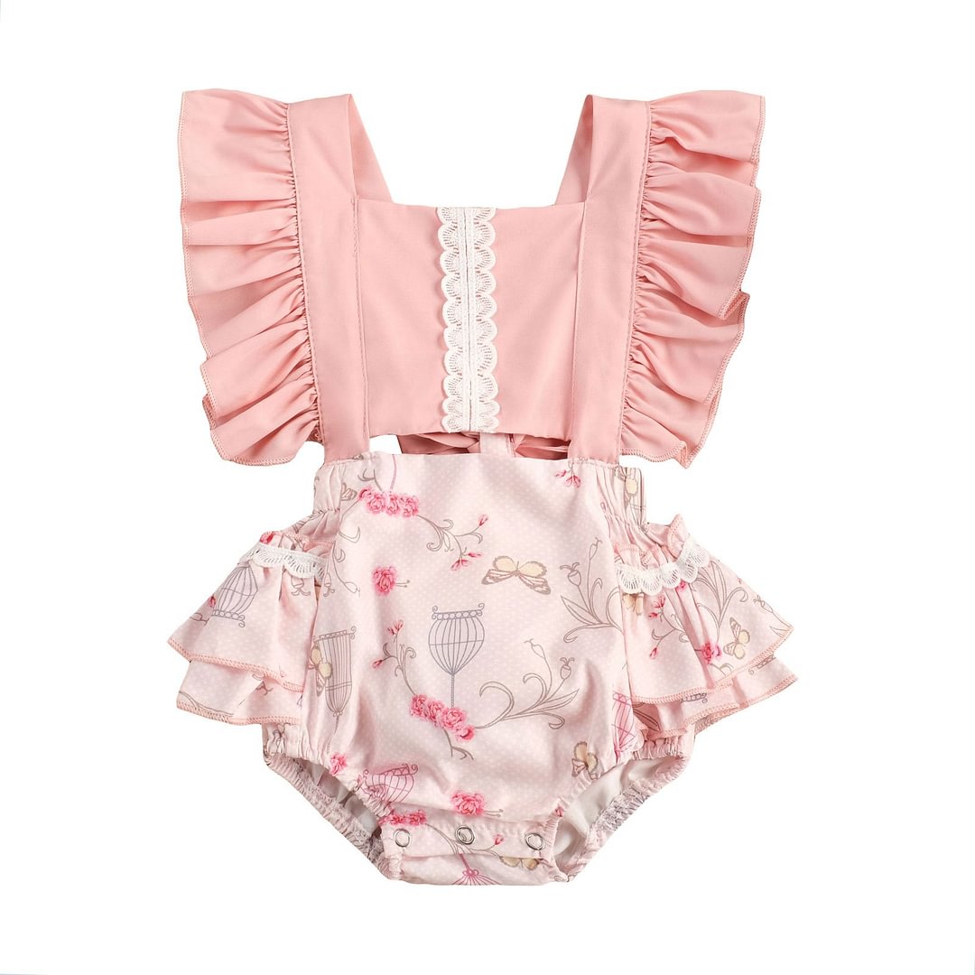 Infant Newborn Baby Girl Romper, Floral Jumpsuit, High Waist Hollow Flower Printed Summer Ruffle Fly Sleeve Side Pocket Clothes