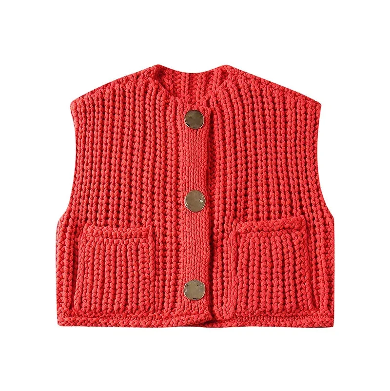 Huiketi Women Knit Cardigan Vest Casual Red Sleeveless O-neck Metal Button Sweater Tank Top Lady High Street Knitted Waistcoat