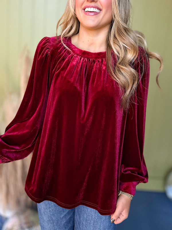 Mature Women New Solid Color Pullover Round Neck Long Sleeve Blouse Top