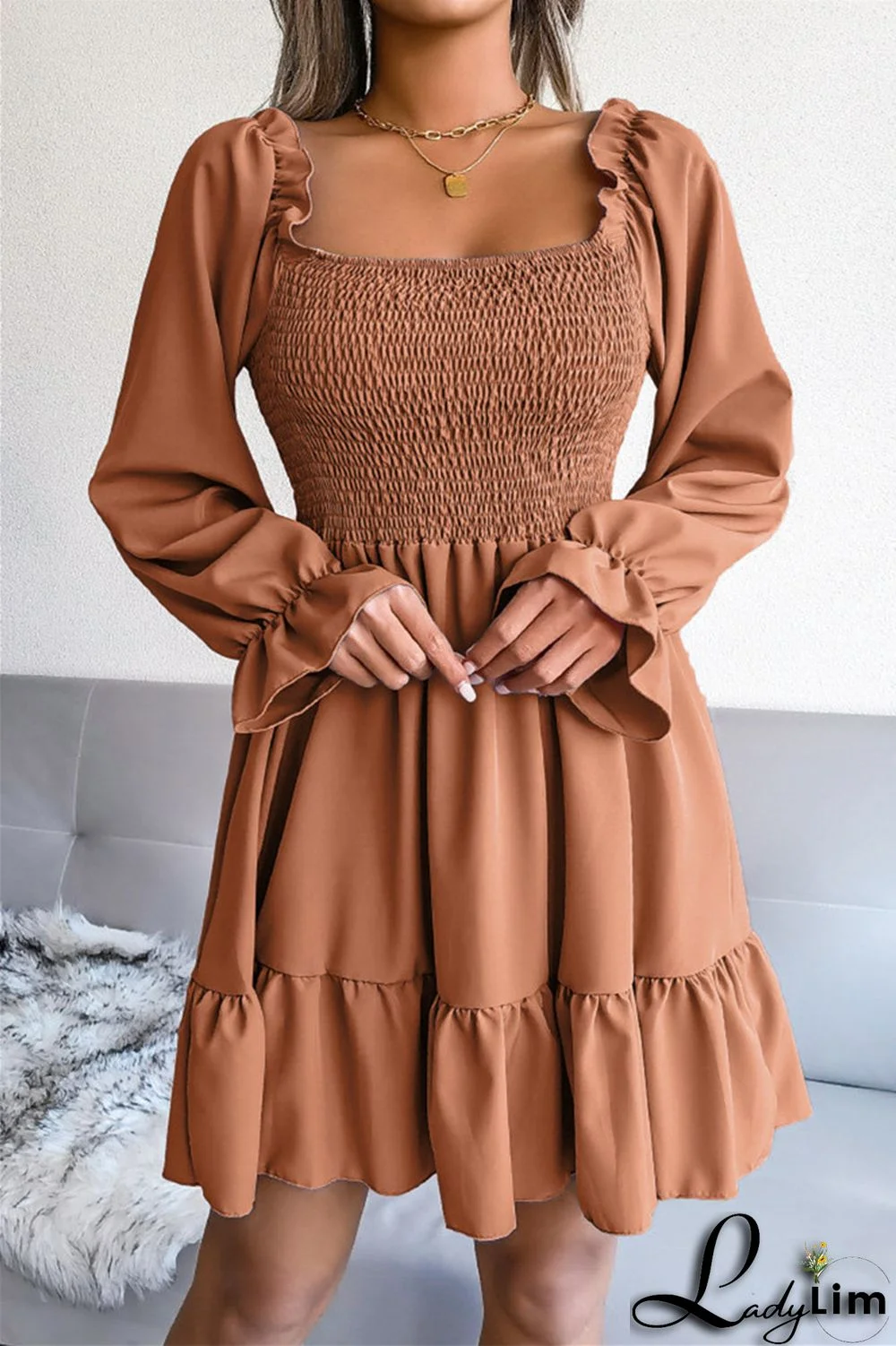 Burgundy Fashion Casual Solid Patchwork Square Collar Long Sleeve Dresses