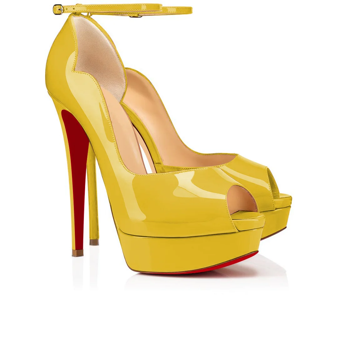 150mm Red Bottom Sky High Platform Ankle strap Pumps Yellow Patent-MERUMOTE