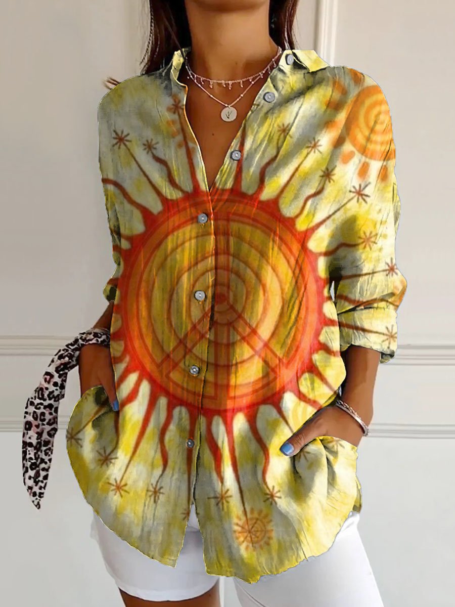 Women's Retro Sun Hippie Print Casual Cotton Shirt