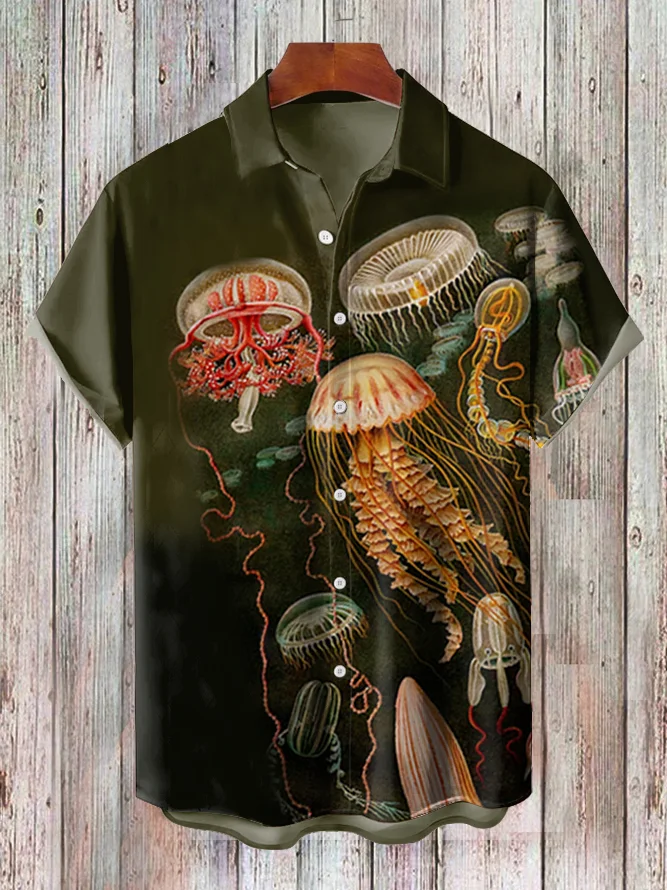 Men's Vintage Dark Night Jellyfish Print Short Sleeve Shirt