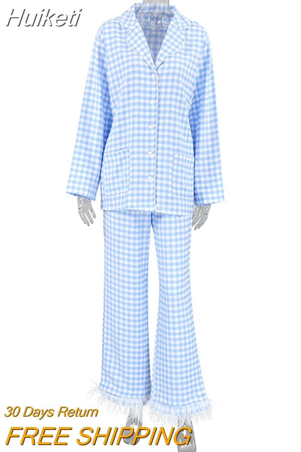 Huiketi Women's 2Pieces Pajamas Underwear Set Plaid Turn Down Collar Long Sleeve Button Shirts+ Feather Pants Lounge Suits