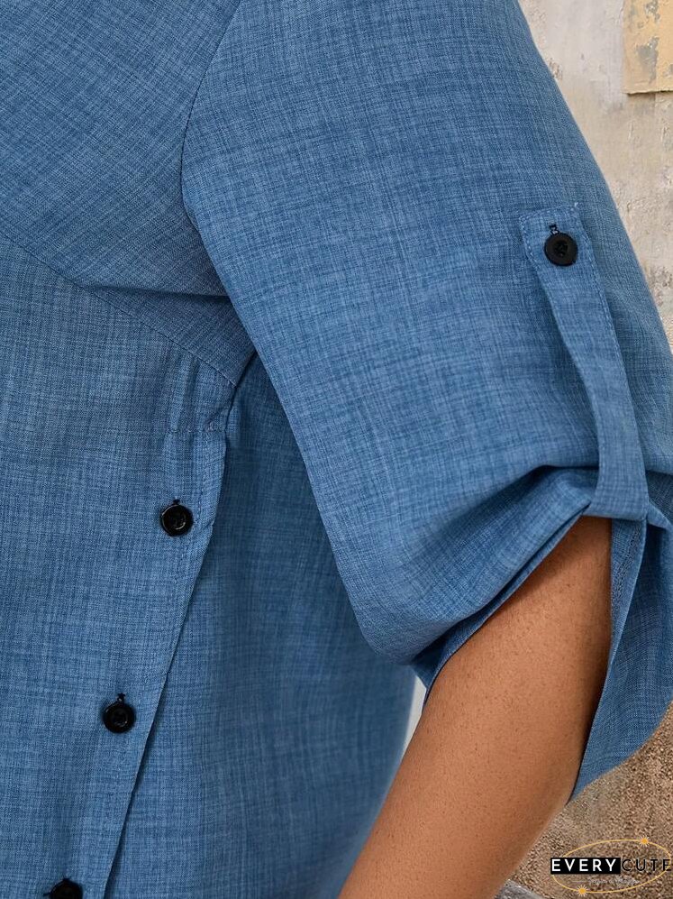 Summer Plus Size Women's Buttoned Round Neck Rolled Sleeve Shirt And Wide Leg Loose Pants Two-Piece Set