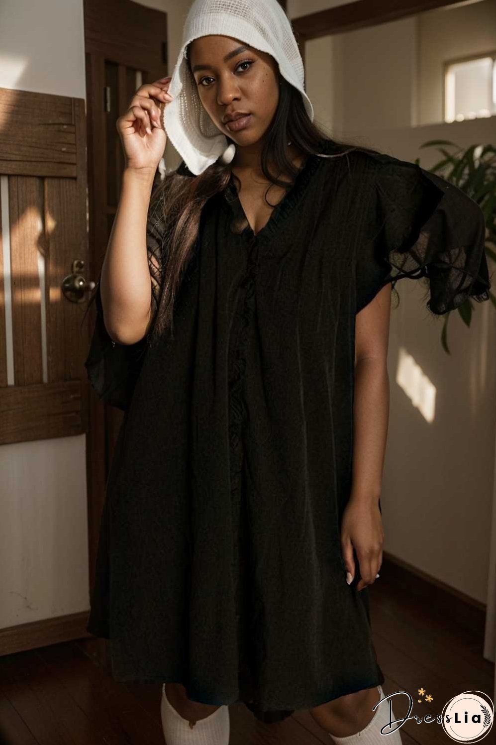 sweet black ruffle sleeve v neck mini shift dress