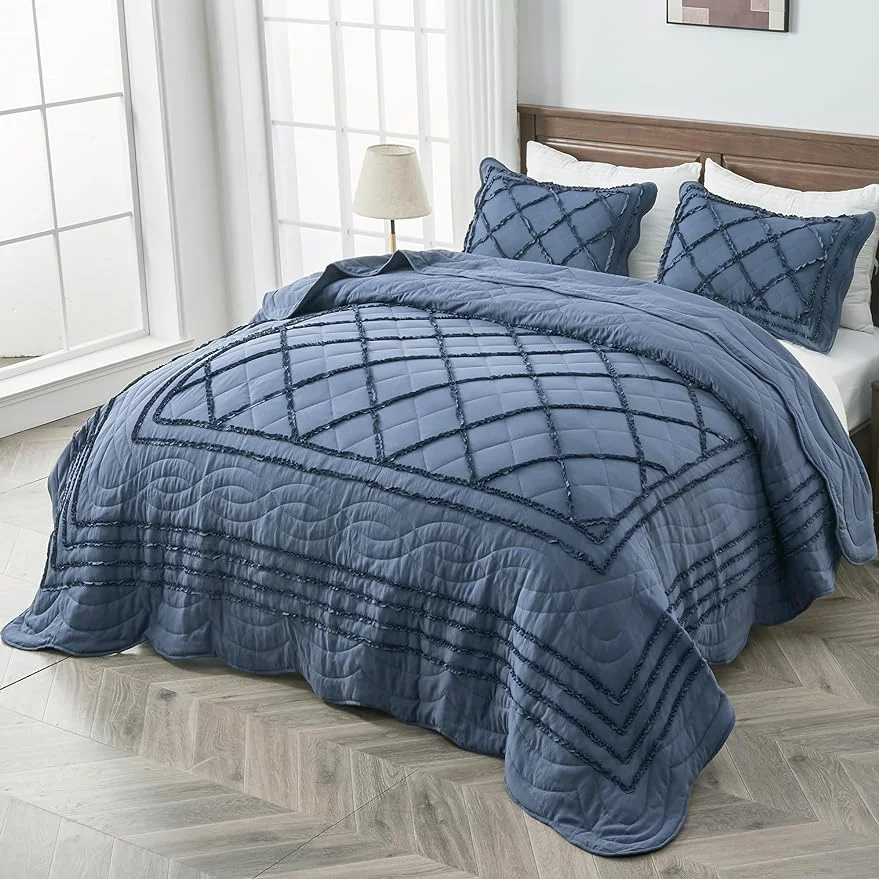 Qucover Queen/King Size Patchwork Quilt Set 3-Piece Solid Navy Blue Ruffle Quilted Bedspread Coverlet Set Lightweight Comforter Boho Chic Bedding Set Bed Sheet Set Cover Blanket with 2 Pillow Shams