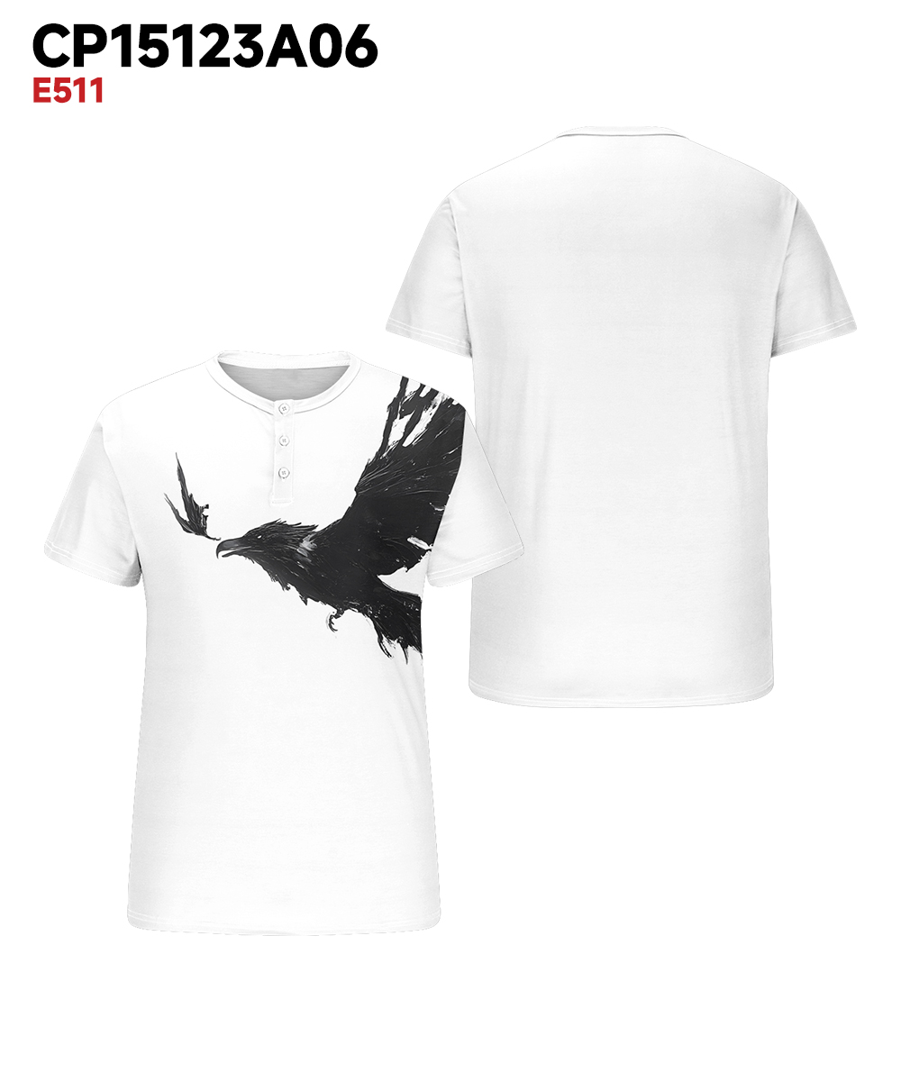 Big & Tall Men's Black And White Eagle Print Henry Collar Button Short Sleeve Tee
