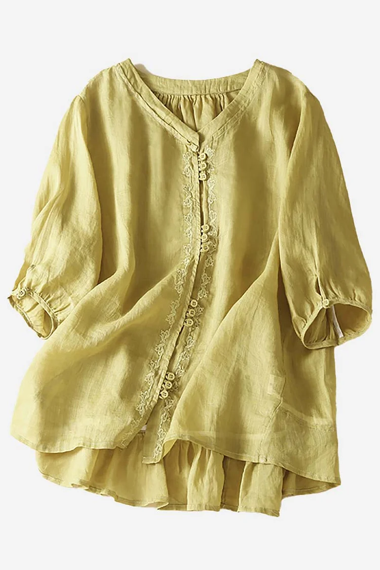 V Neck Three Quarter Sleeve Embroidered Linen Top