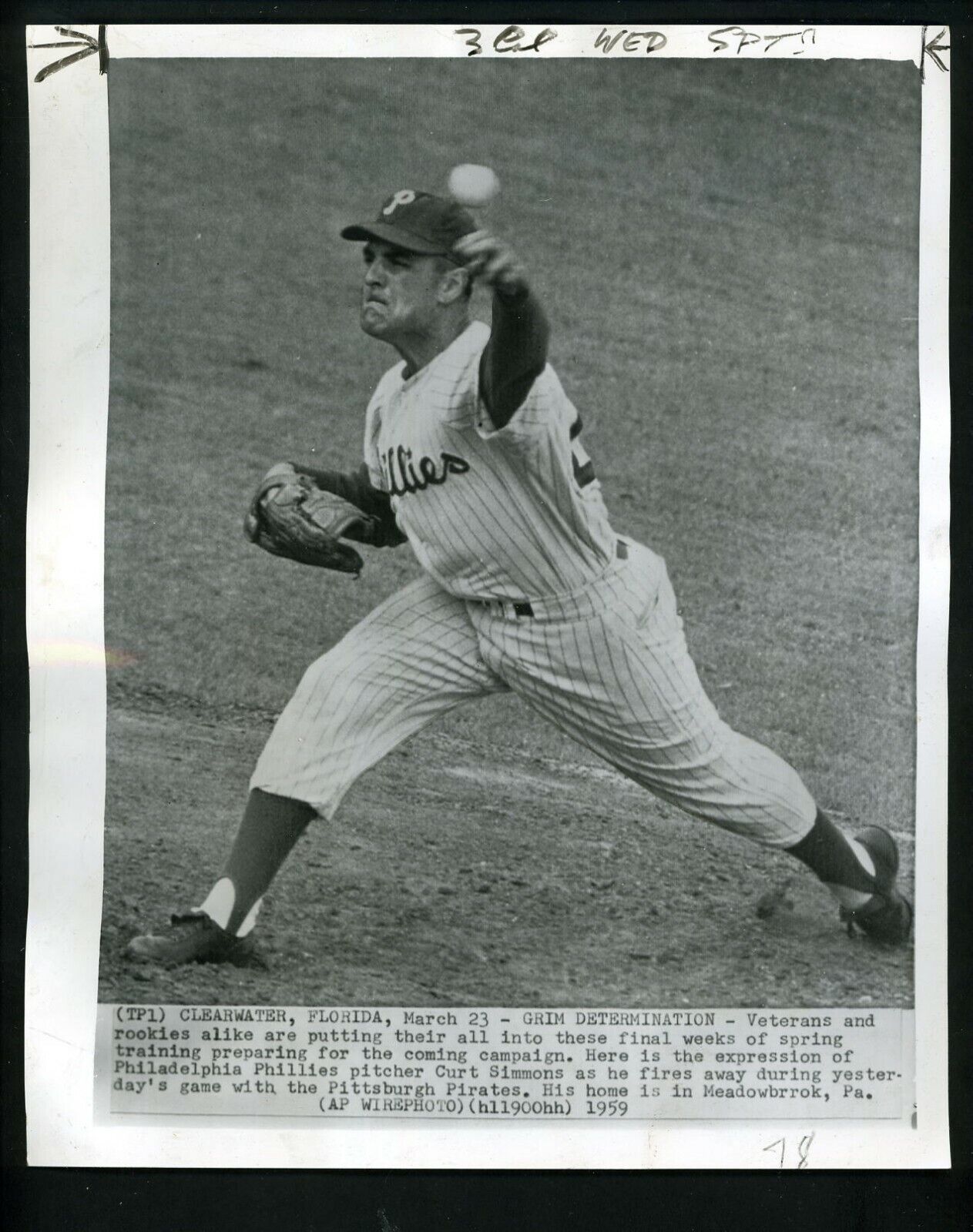 Curt Simmons 1959 Spring training Press Photo Poster painting Philadelphia Phillies