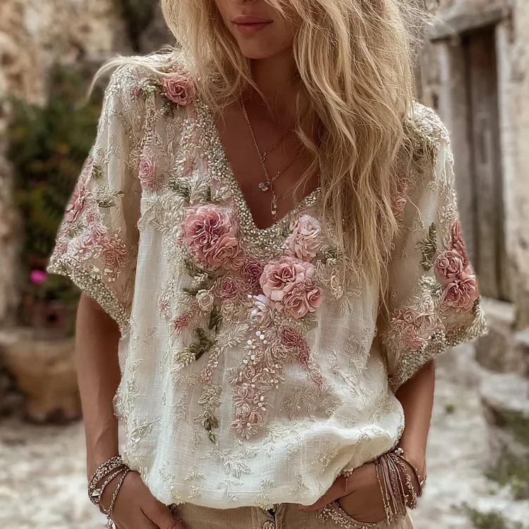 Women's Pink Rose Embroidery Art V-neck Short Sleeve Linen Blend T-shirt