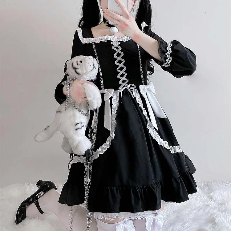 Lace Up Lolita Bow-Knot Maid Dress - Modakawa Modakawa