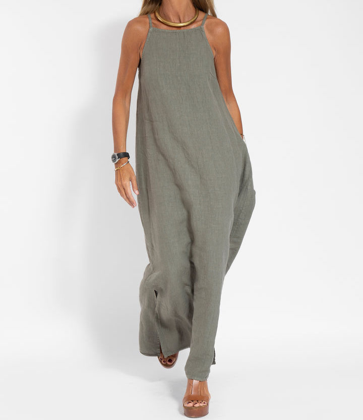 Elegant Solid Color Cotton Linen Sleeveless Long Dress