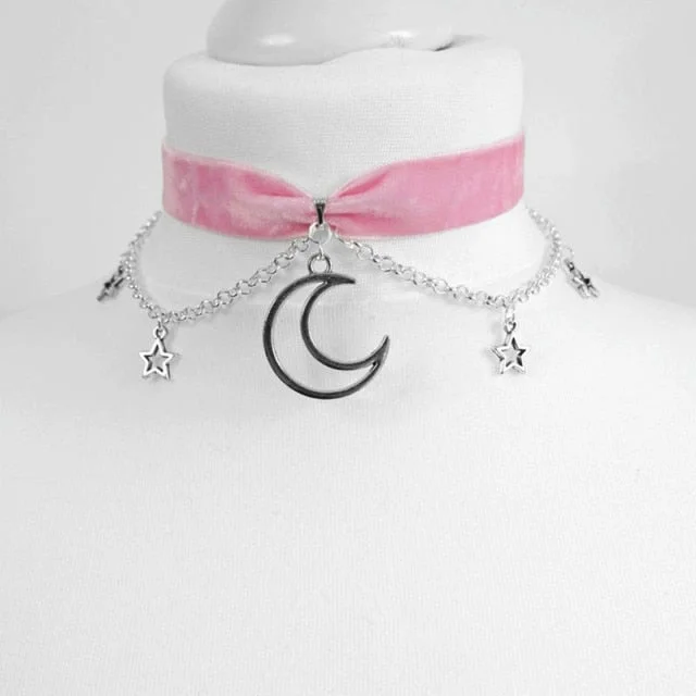 Gothic Crescent Moon and Stars Choker Witch Punk Necklace SP16600