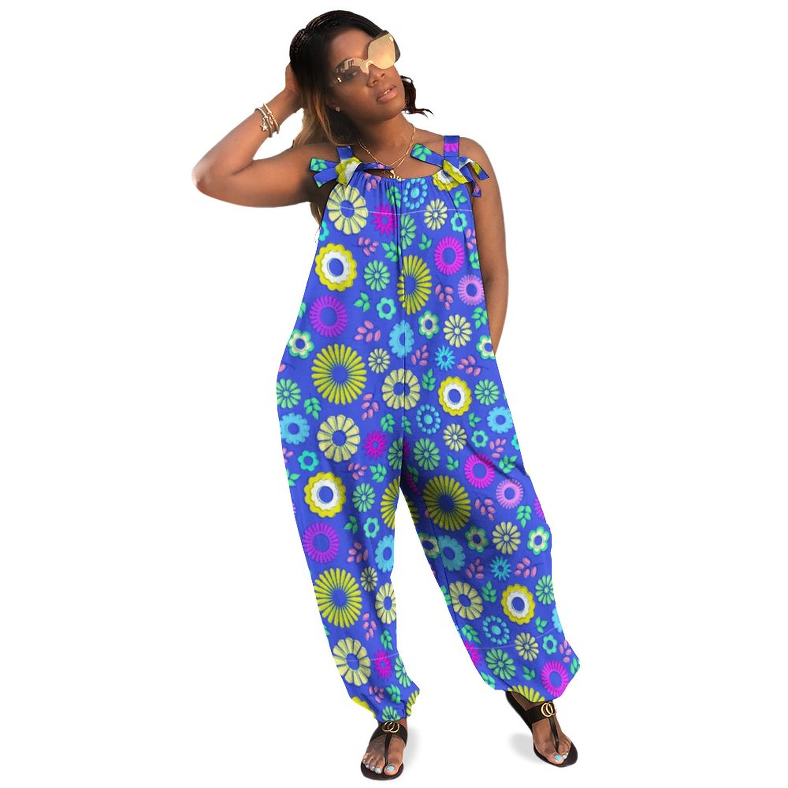 Women Plus Size Jumpsuit Summer Loose Harem Pants Cute Colorful And Blue Summer Flowers Tote Bag Womens Sleeveless Button Front Romper Casual Long Length