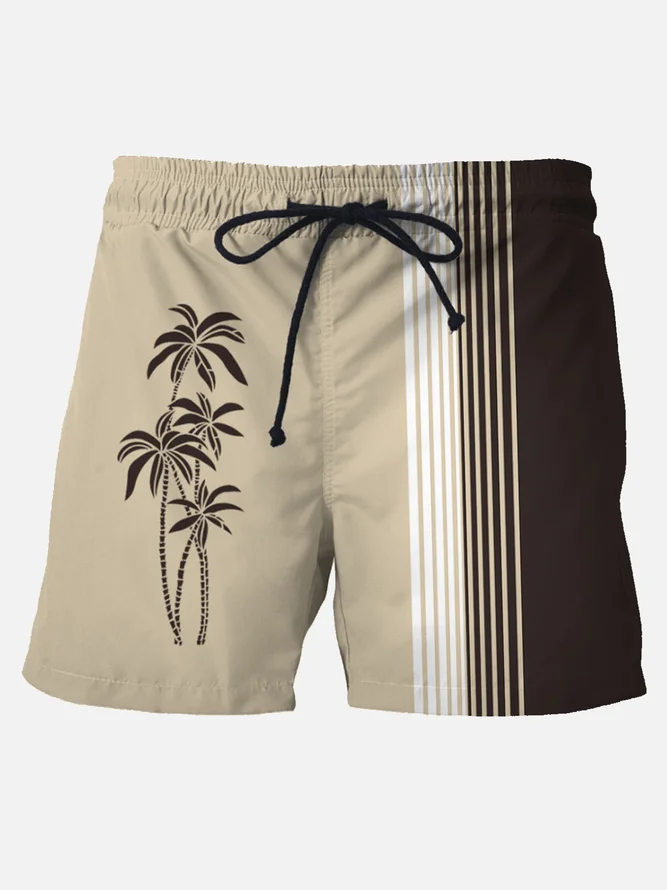 Men's khaki quick-drying striped beach shorts
