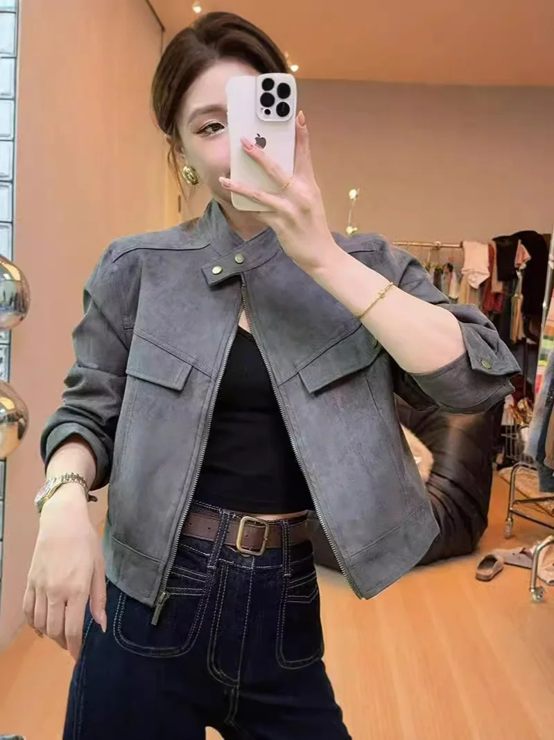 Woherb Retro Standing Collar Leather Velvet Early Autumn Coat Female Short Style Fashion Loose Casual Motorcycle Suit Small Jacket Jacket-Outfit Ideas
