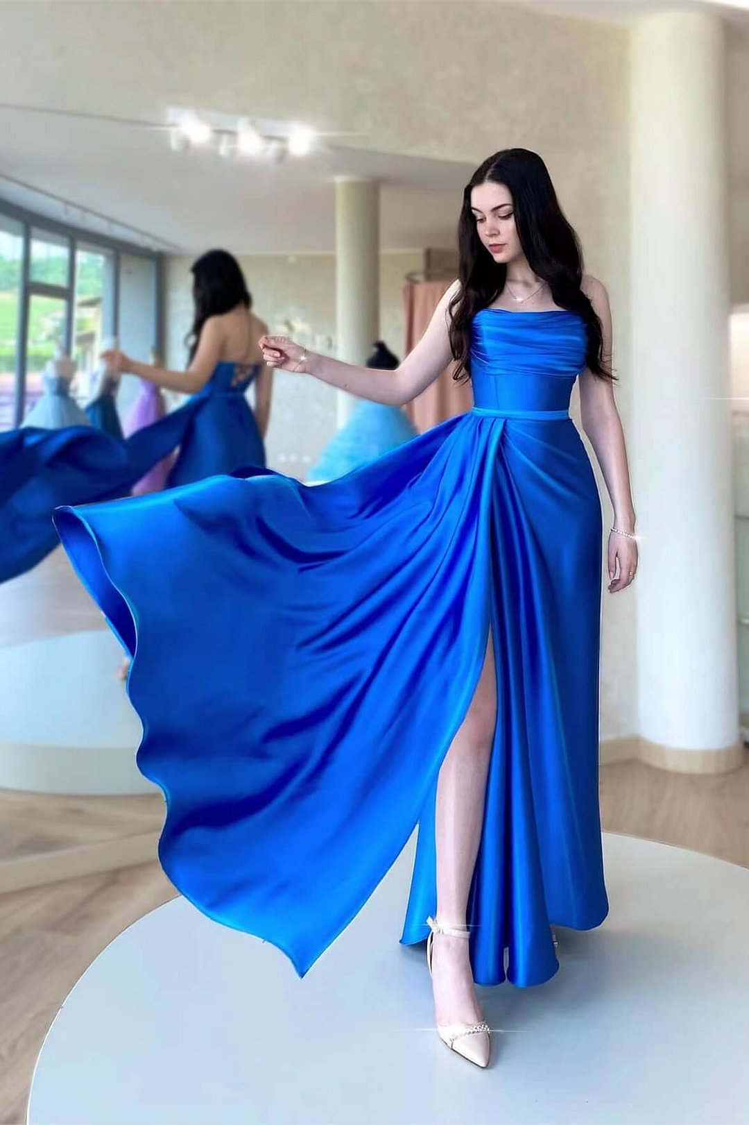 Royal Blue Sleeveless Strapless Prom Dress With Split | Ballbellas Ballbellas