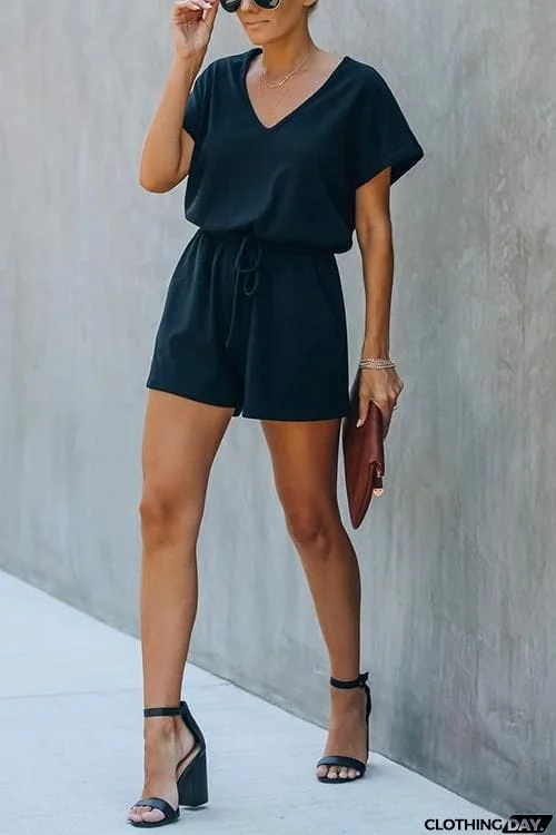V Neck Pockets Drawstring Romper