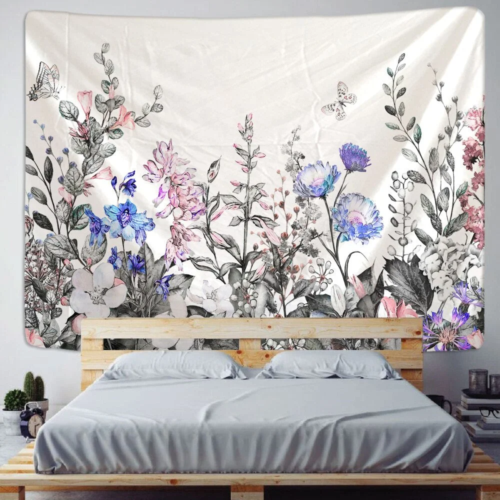 Colorful Floral Plants Tapestry Vintage Herbs Tapestry Wild Flowers Tapestry Wall Hanging Nature Scenery Tapestry for Living