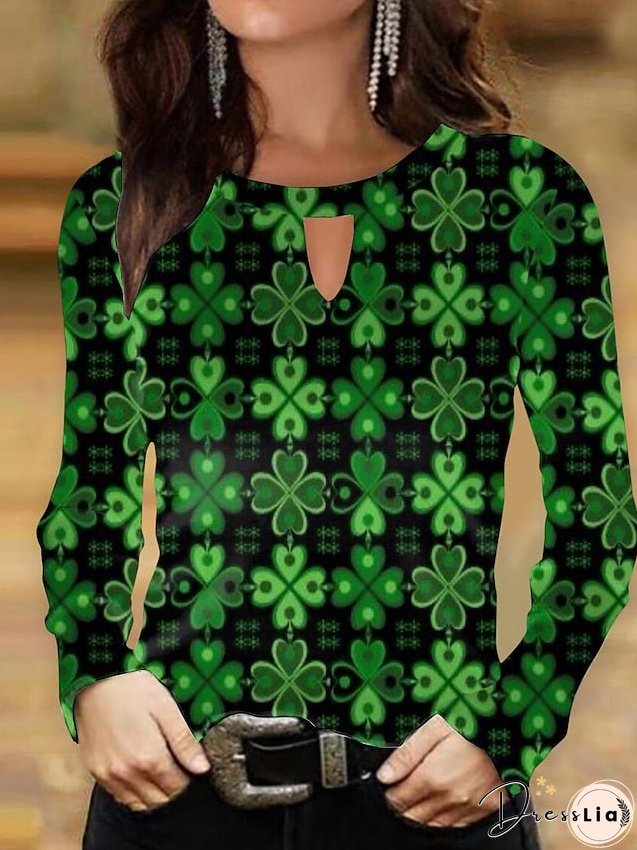 Round-neck shirts Black & white Light green leaves Patricks day prints Long sleeve