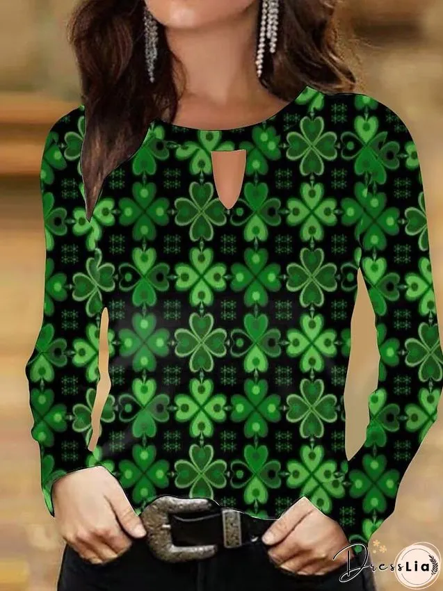 Round-neck shirts Black & white Light green leaves Patricks day prints Long sleeve