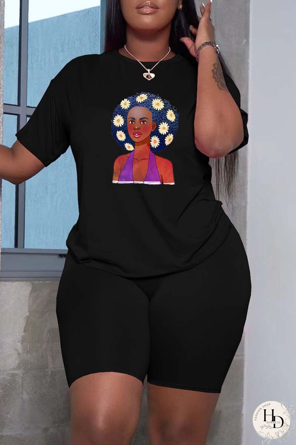 Black Casual Print Basic O Neck Short Sleeve Two Pieces