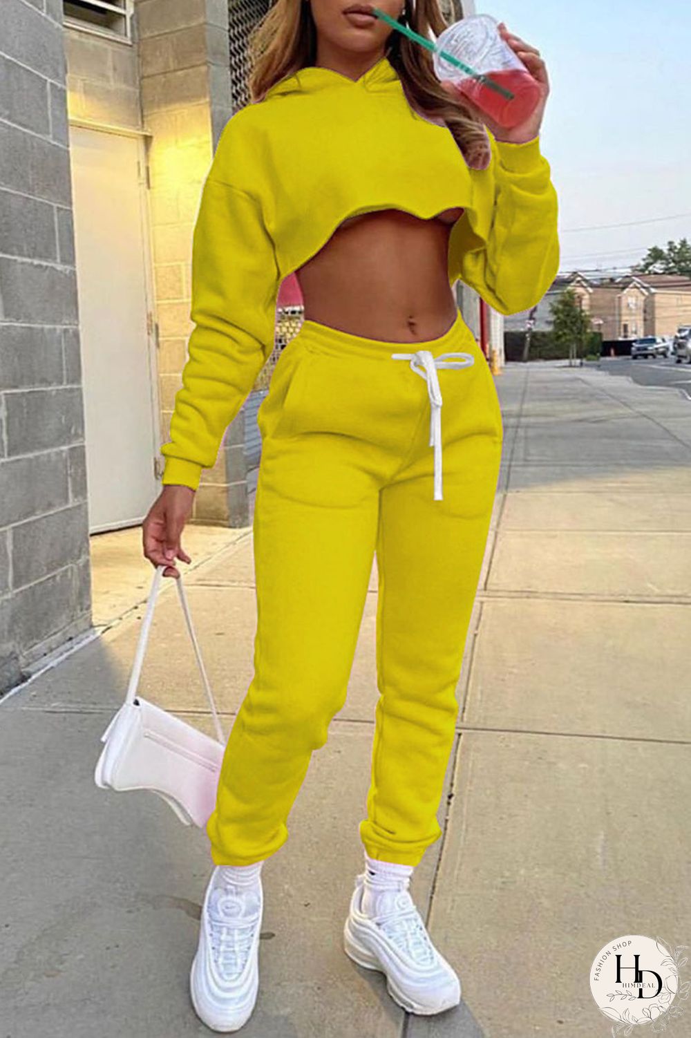 Yellow Casual Solid Split Joint Hooded Collar Long Sleeve Regular Sleeve Short Two Pieces