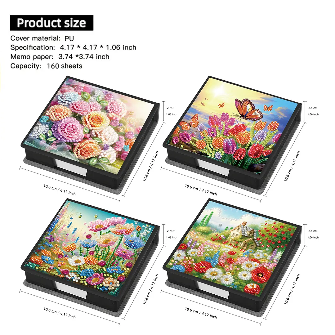 4Pcs Flower 5D DIY PU Diamond Painting Kit Office Note Box with 160 Sheets Paper