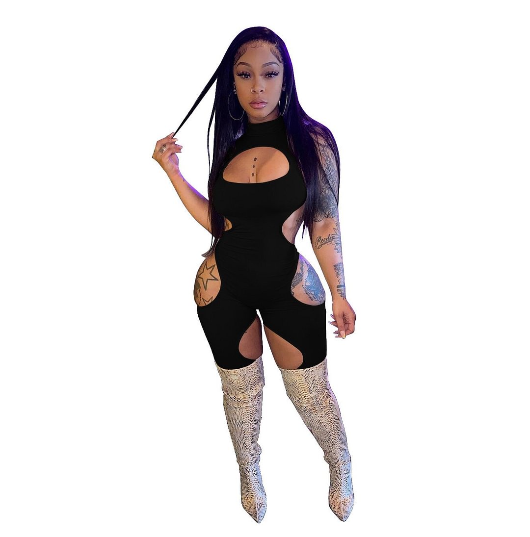 CM.YAYA Women Playsuit Solid Sleeveless Hollow Out Half High Collar Back Zip Bodycon Playsuits Sexy Night Clubwear Summer Outfit