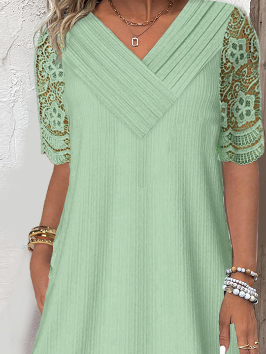 Women Half Sleeve V-neck Solid Color Dress