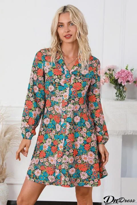 Floral Button Front Collared Neck Shirt Dress