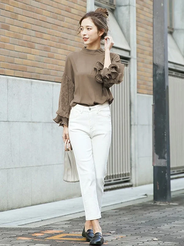 Elegant Solid Color Puff Sleeve Chiffon Shirt with Mesh Accents