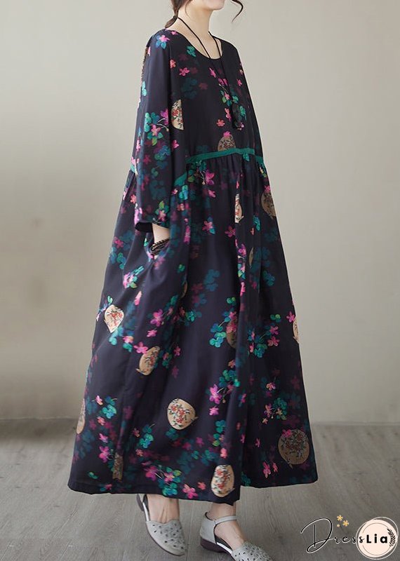 Vintage Navy Print Maxi Dresses Long Sleeve