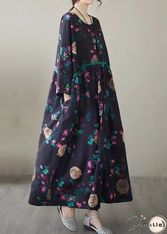 Vintage Navy Print Maxi Dresses Long Sleeve