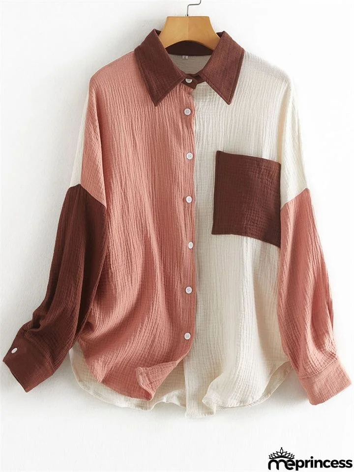 Vibrant Women's Contrast Color Lapel Long Sleeve Button Down Shirt