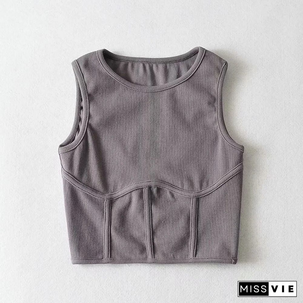 Summer Womens Streetwear Corset Crop Top Elastic Cotton Sleeveless O-Neck Solid Sexy Tank