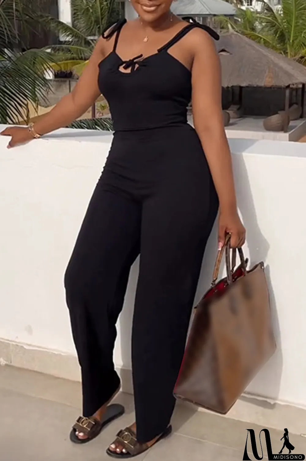 MidiSono - Tangerine Red Sexy Casual Solid Bandage Backless Spaghetti Strap Regular Jumpsuits