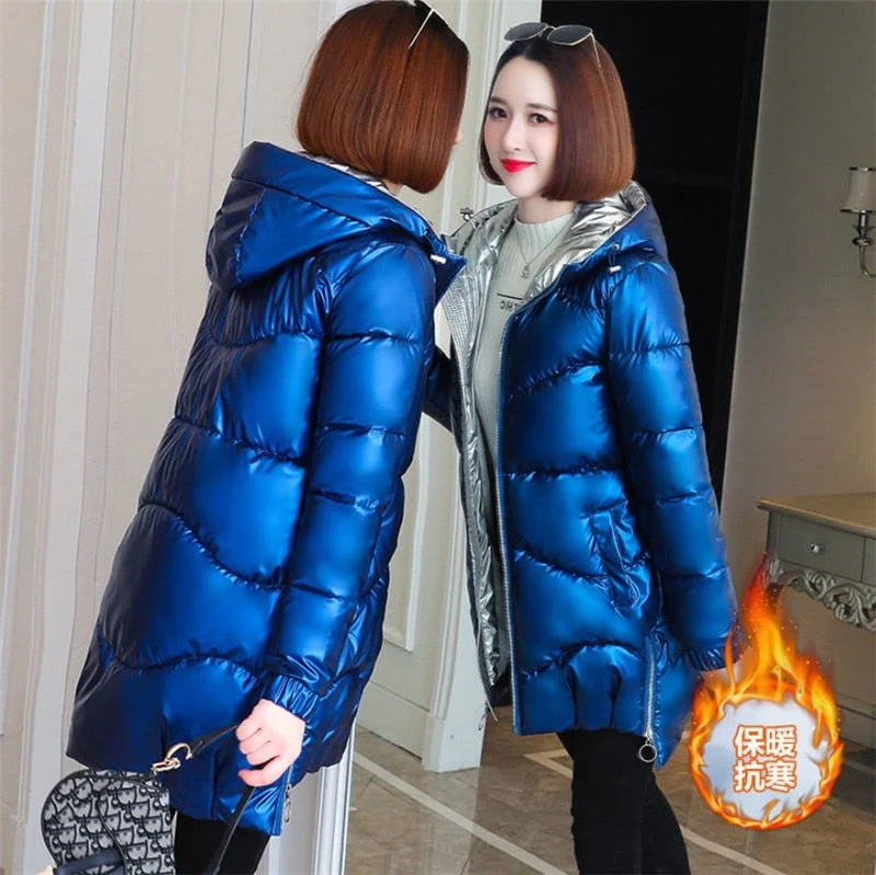 2021 Women Shiny Down Cotton Jacket Winter Jackets Warm Mid Long Cotton Padded Casual Hooded Parkas Overcoat Female Basic Coat