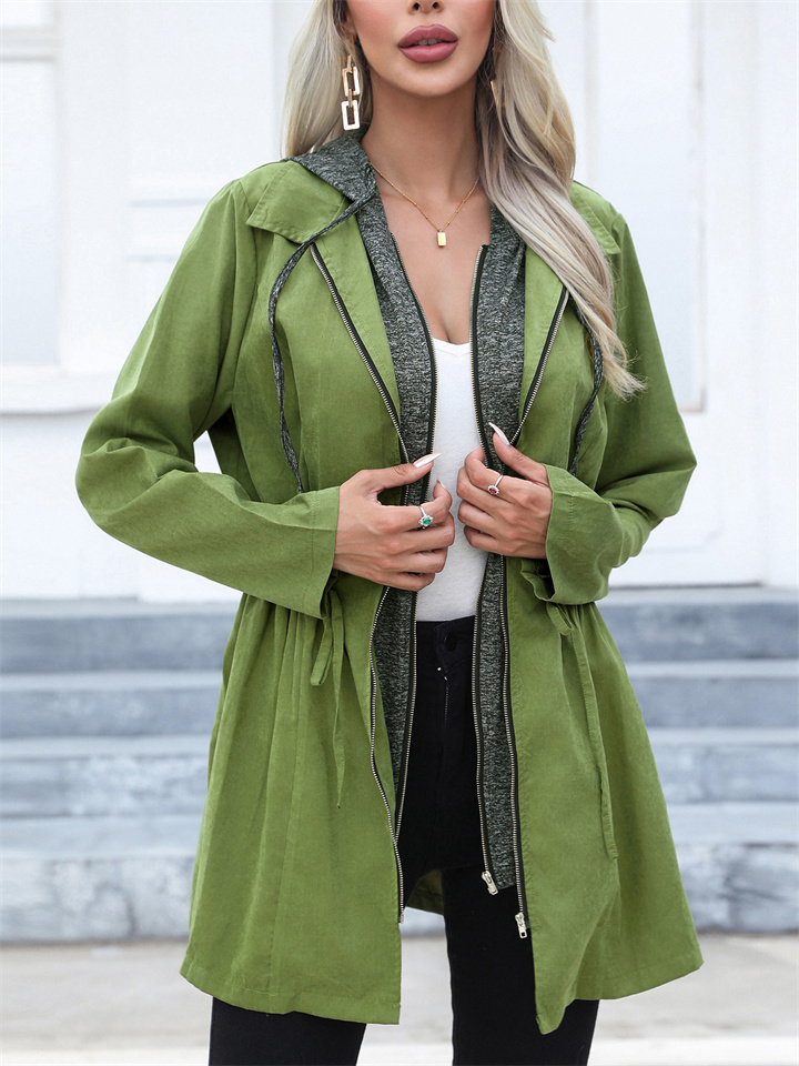 Women's Casual Waisted Double Zipper Clash Color Jacket Medium Long Sleeve Long Sleeve Hooded Windbreaker