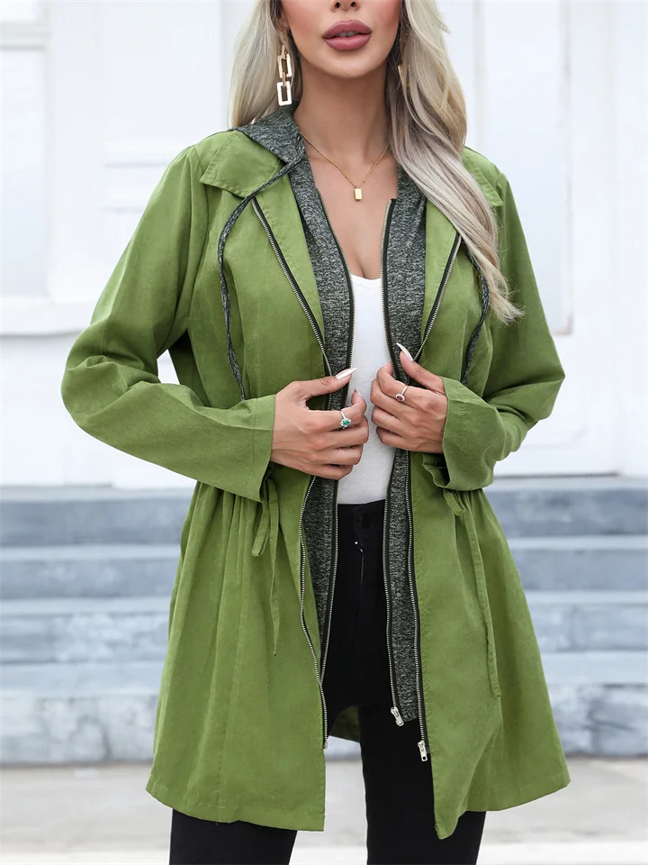 Women's Casual Waisted Double Zipper Clash Color Jacket Medium Long Sleeve Long Sleeve Hooded Windbreaker-Mixcun