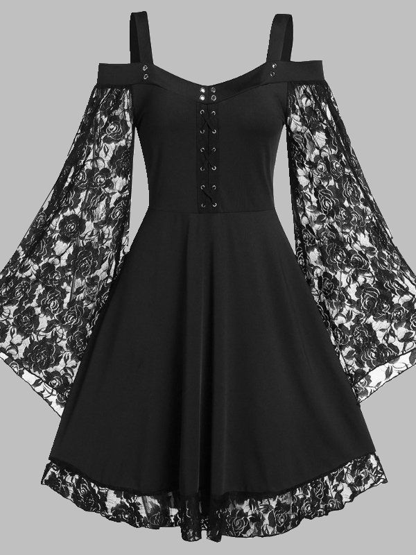 Elegant Lace Up Off The Shoulder Long Bell Sleeve Tight Waist Skater Dress