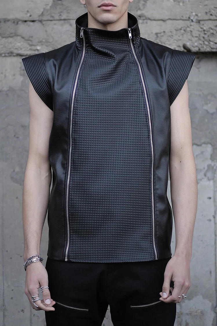 PU Leather Zip Patchwork High Neck Loose Fit Top [Pre-Order]