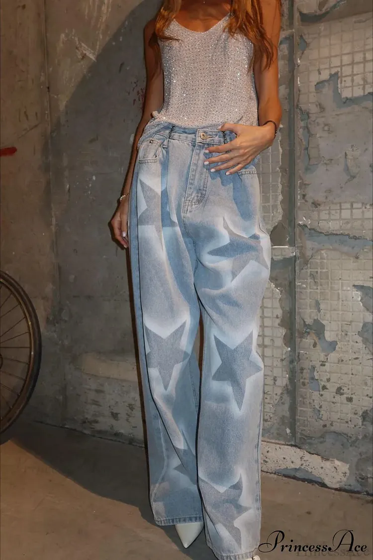 Star Print Loose Straight Waist Adjuster Jeans