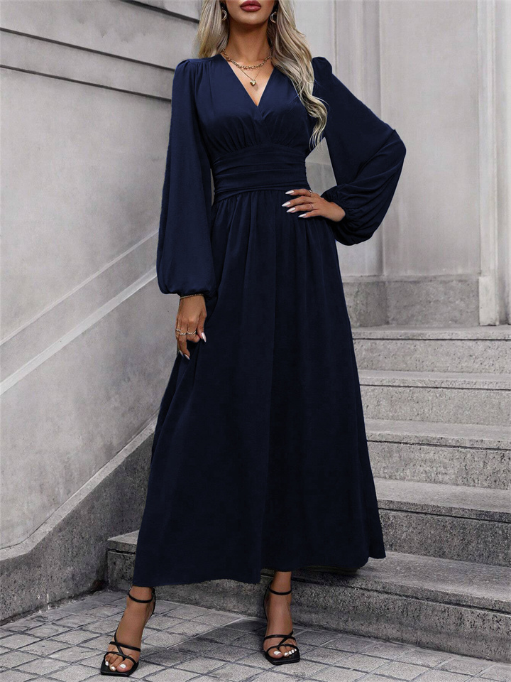 Autumn and Winter New Women's Lantern Sleeves V-neck High Split Dresses