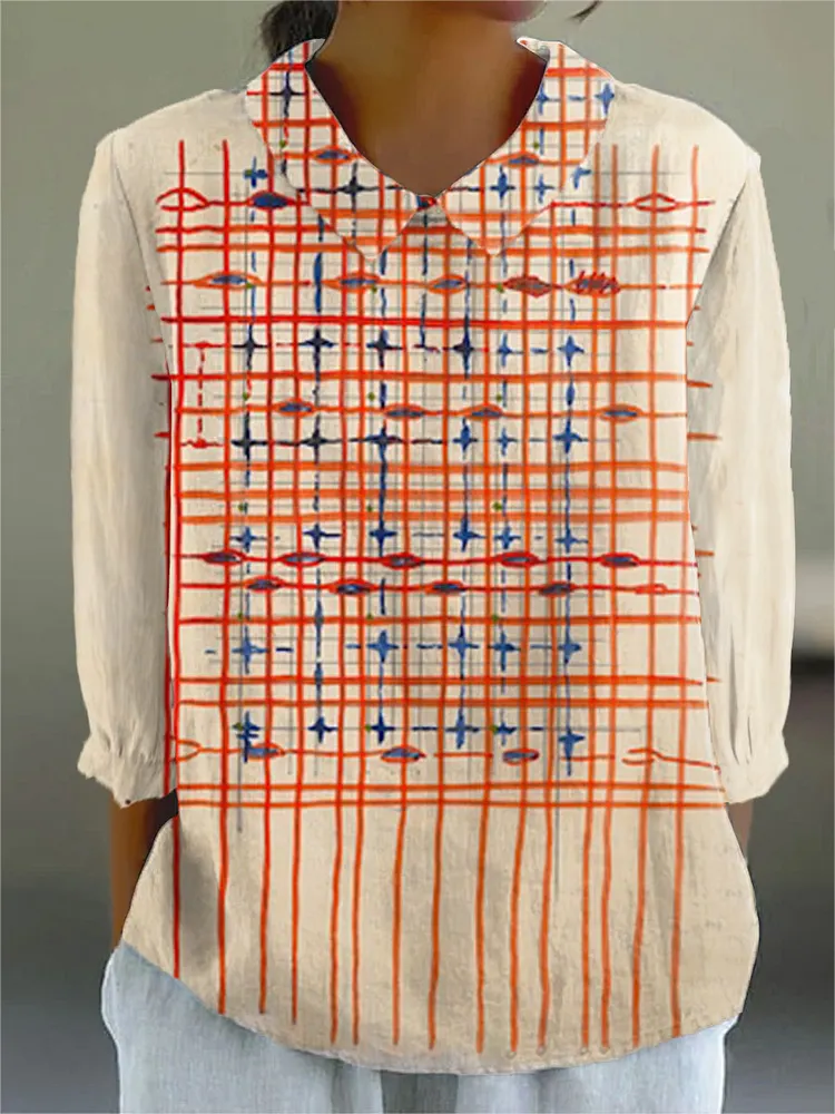 Women's Vintage Abstract Geometric Art Print Casual Cotton And Linen 3/4 Sleeve Shirt