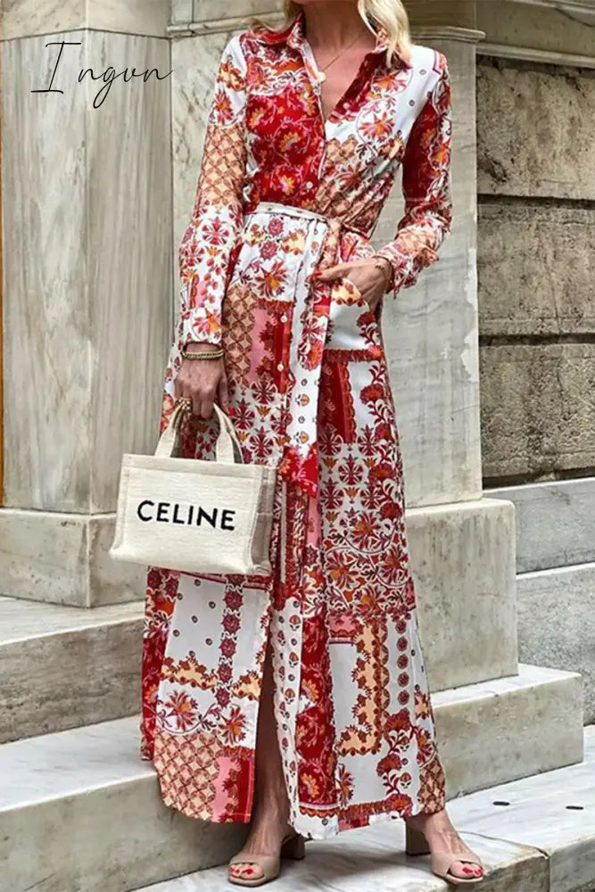 Ingvn - Elegant Floral Pocket Frenulum Turndown Collar Shirt Dress Dresses Red / S Dresses/Floral